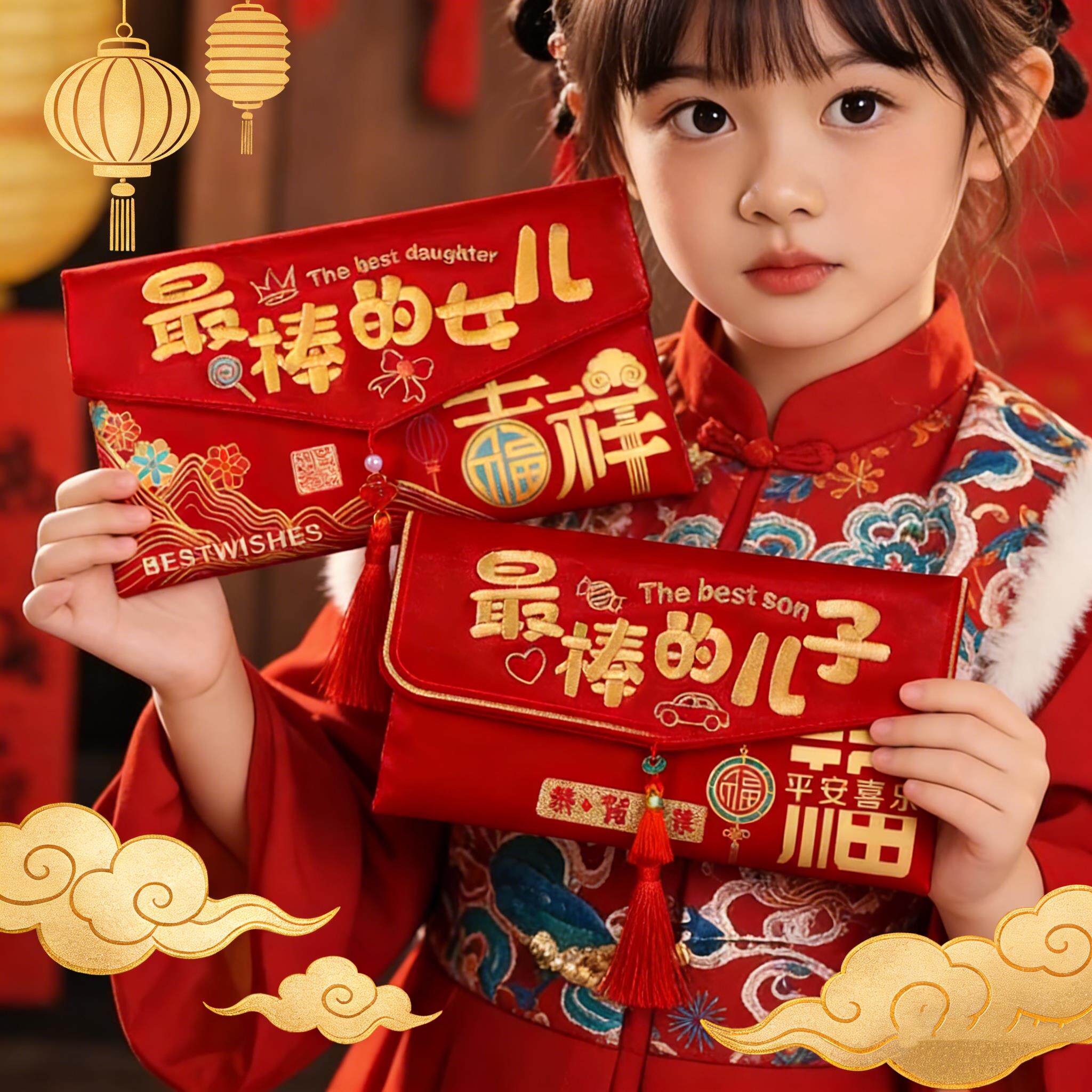 最棒的儿子棒的女儿红包2026马年国潮刺绣布艺袋福袋送儿子过新年