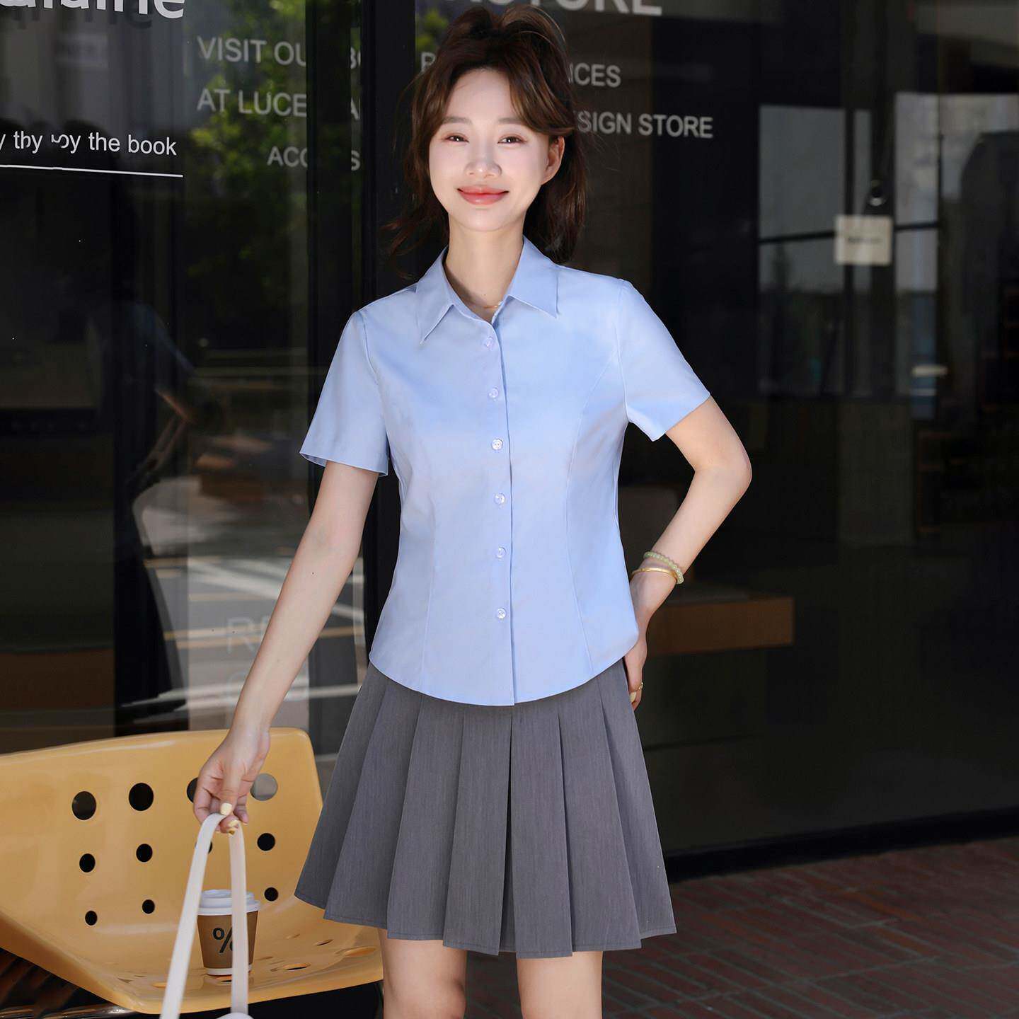 小个子短款浅蓝色面试职业工作气质抗皱免烫透气衬衫女夏短袖上衣