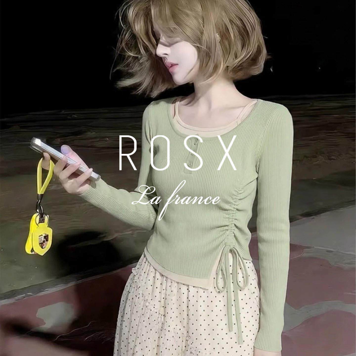 ROSX法式假两件绿色拼接抽绳坑条长袖T恤女春季甜美修身短款上衣