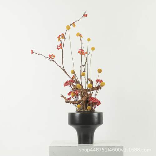 现代新中式崖柏花艺装饰品简约家居仿真花摆件样板间边几假花软装