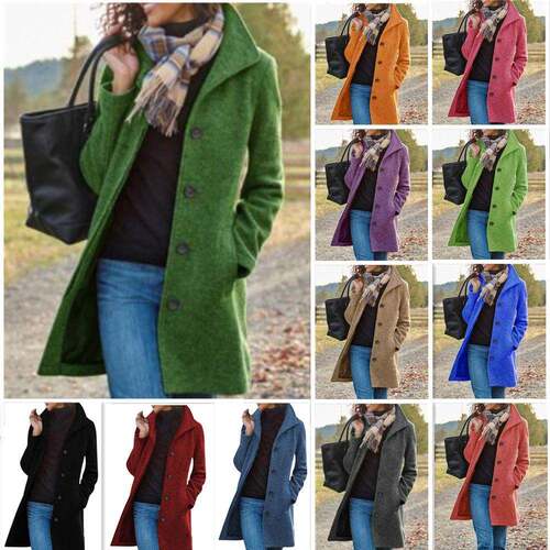 Women Midi Pea Coat Windproof Blend Stand Collar Single