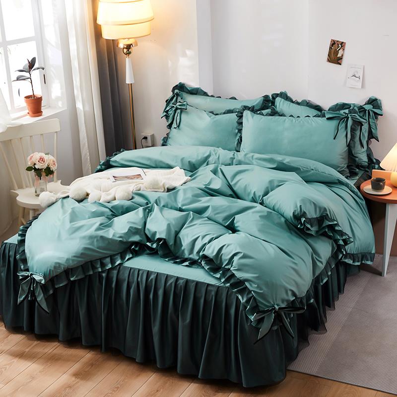 高档网红边韩版水洗天床裙四件套主丝风公蕾丝荷叶花纯色被套床上