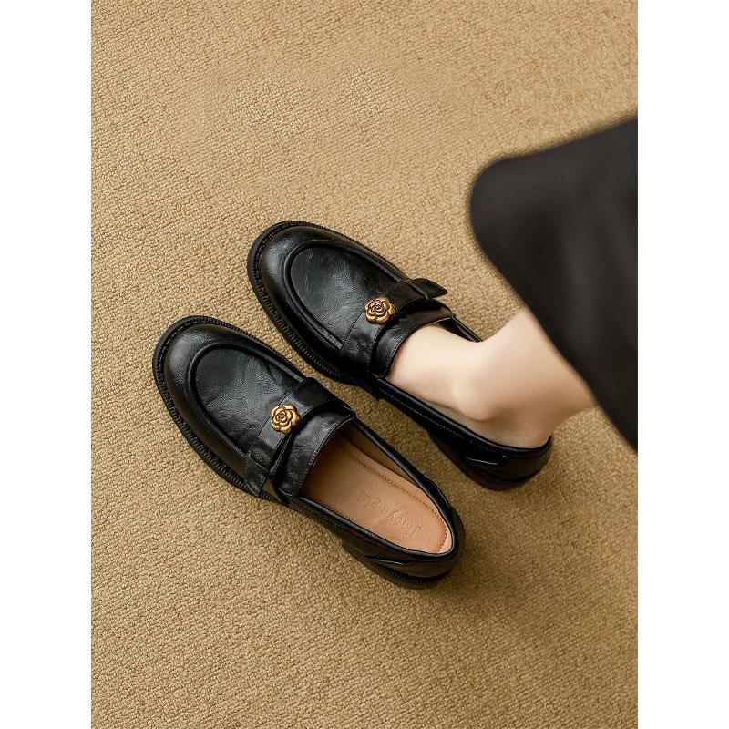 潮品女鞋小羊皮软底一脚蹬乐福鞋女真皮新款粗跟单鞋山茶花小皮鞋