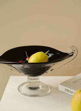 奢中装耳朵黑色轻古风琉璃盘透明水果盘高脚装饰法式复古摆件软