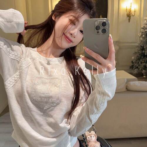 Rixo Kelly蕾丝松弛感白色长袖T恤女春秋季新款休闲宽松显瘦上衣