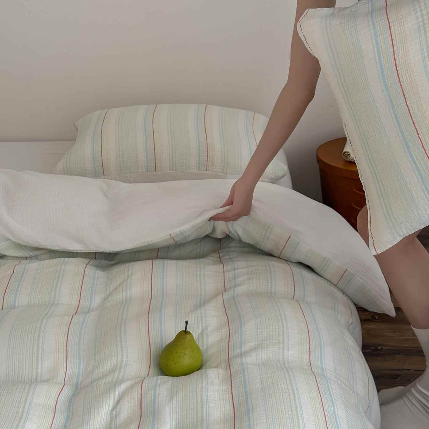 古风条纹ZGN纱全棉A类裸睡提套花双层纯棉中皱皱纱床单被床品1.8