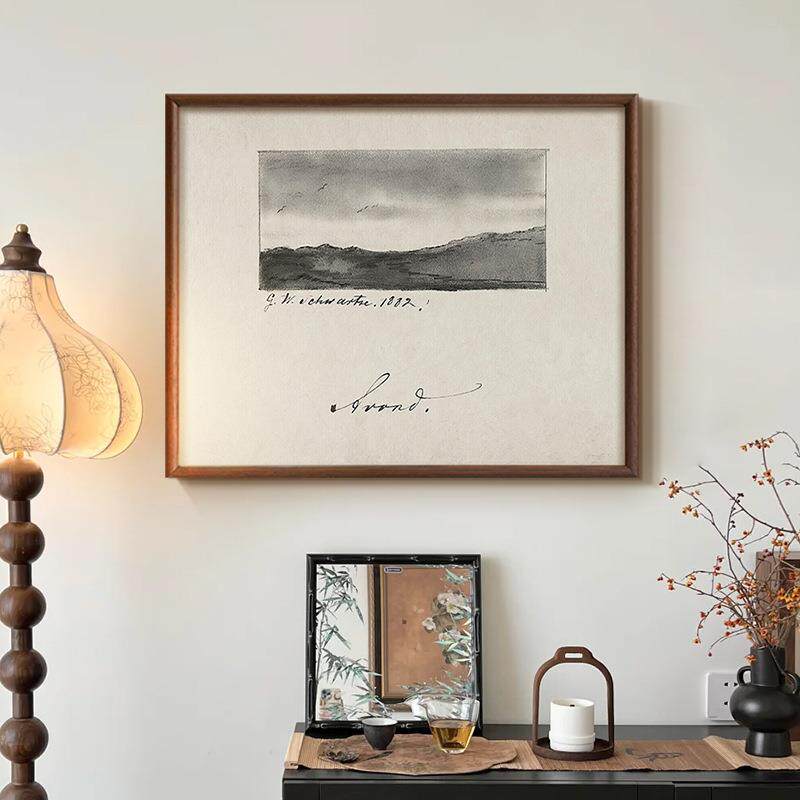 素描远山》法式复古黑白风景装饰画客餐厅中古风美式玄关艺术挂画