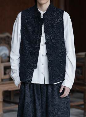 高端宴会男马甲唐装礼服民国风喜庆服春秋季马夹工装坎肩居士马褂