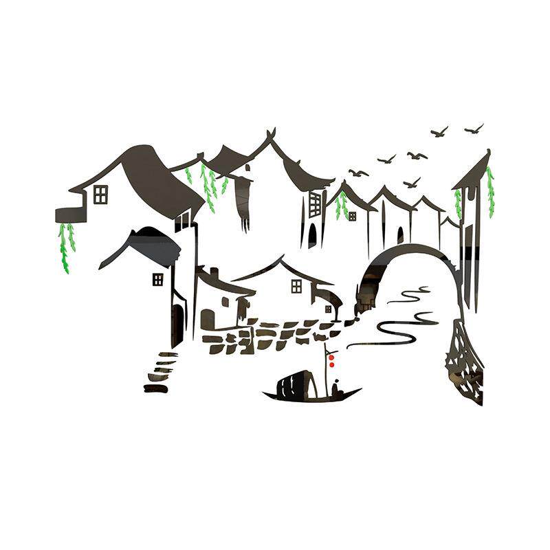 餐厅饭店装饰背景墙贴茶社立体亚克力创意包间墙壁贴书房江南水乡