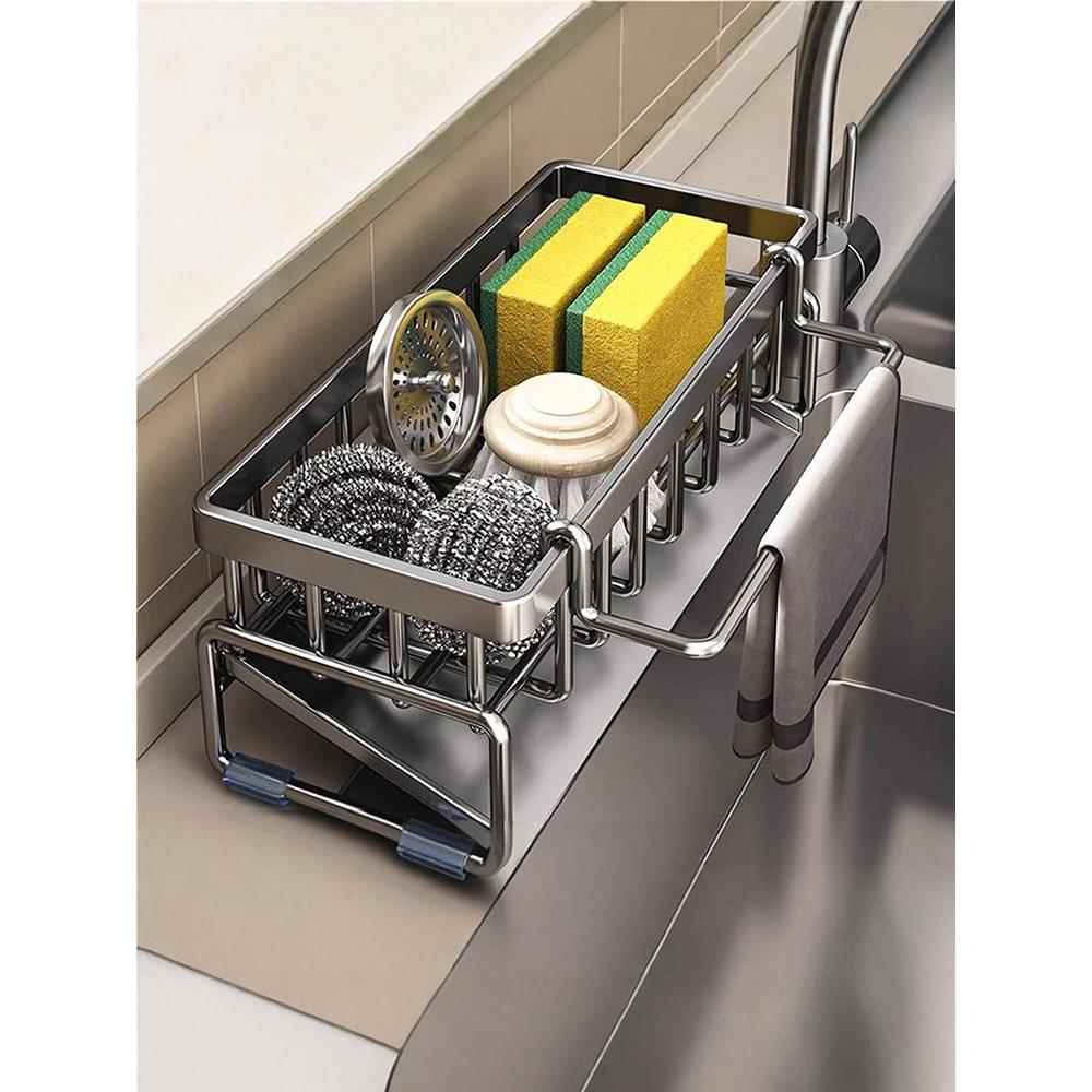 新款304不锈钢厨房水槽沥水架抹布置物架水池海绵钢丝球洗洁精置
