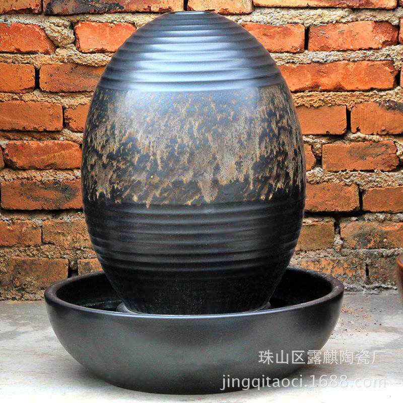 陶瓷流水器摆件喷泉地风CNY水件现代会餐所厅加湿落装饰摆陶罐缸