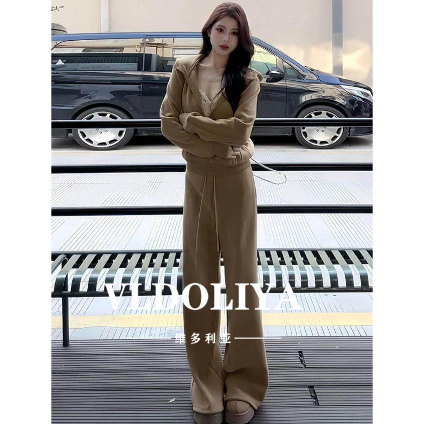 VLDOLIYA维多利亚休闲运动套装女2026春开衫连帽卫衣阔腿裤两件套