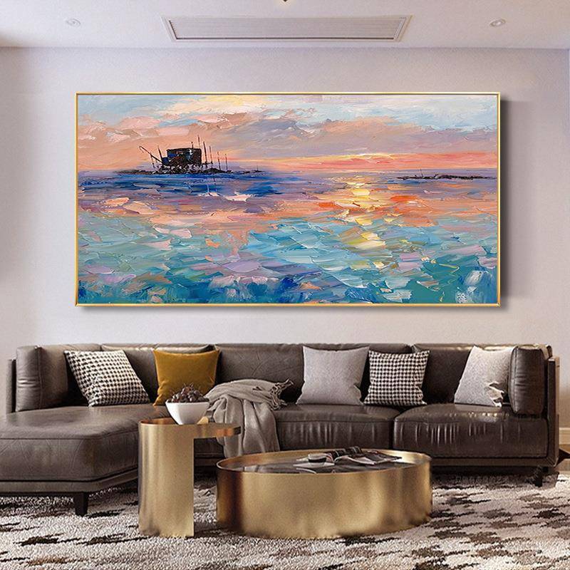 手绘油画日出海景客厅装饰画北欧现代沙发背景墙抽象肌理轻奢挂画