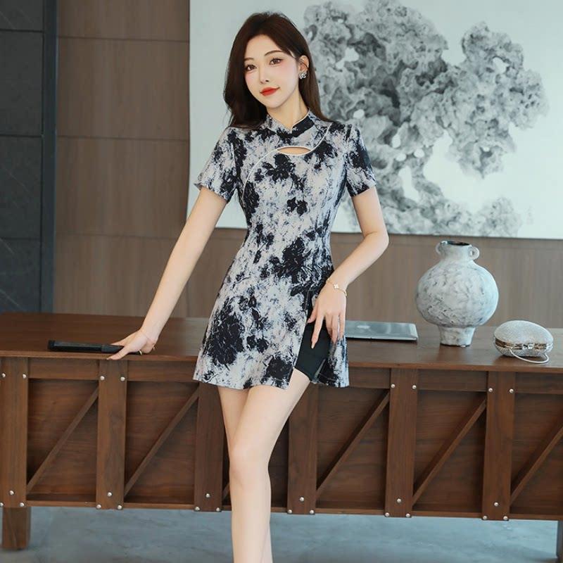2025旗袍足浴店花色短袖显瘦工衣技师服裤裙两件套工作服+短裤