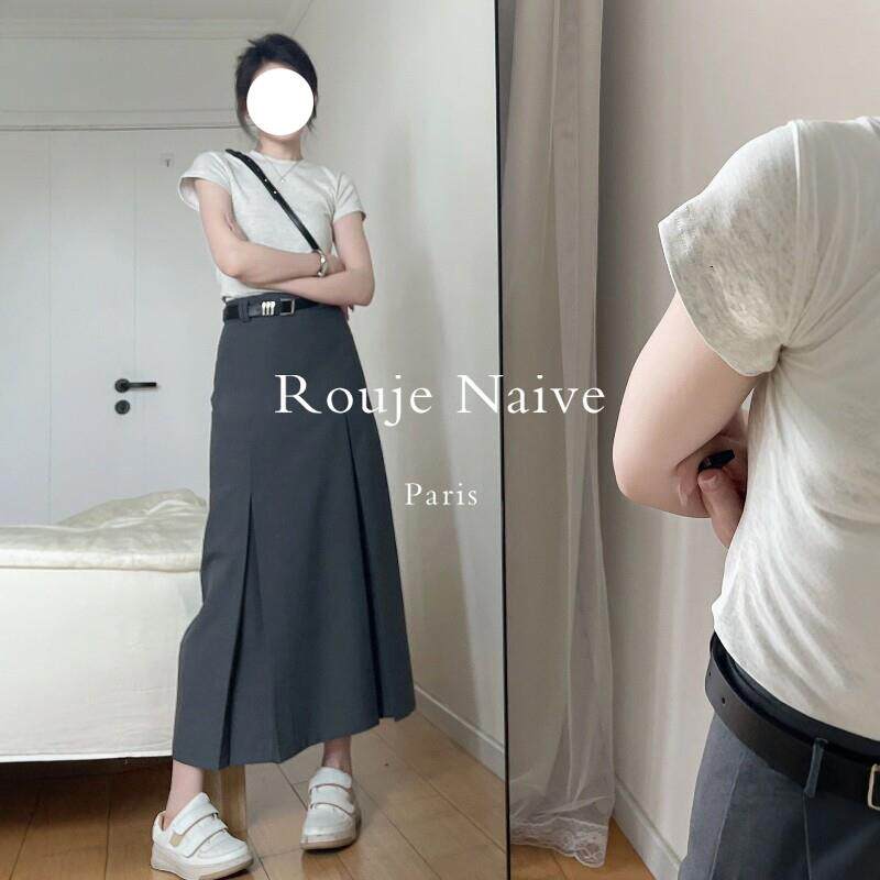 Rouje Naive学院风灰色西装百褶半身裙高腰遮胯显瘦气质A字长裙