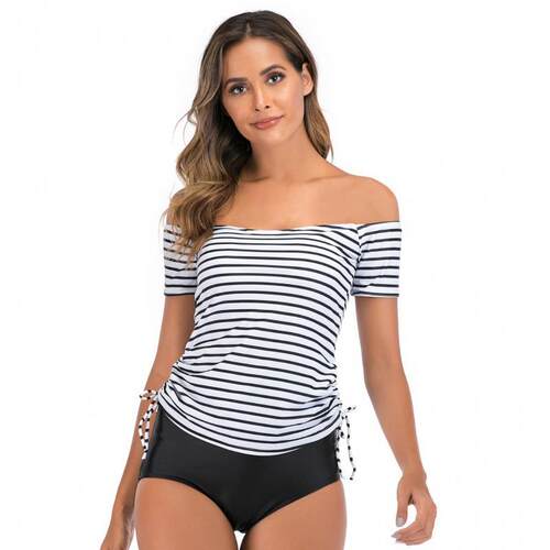 Split striped plus size swimsuit for women, conservative