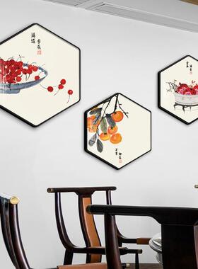 网红新中式联厅装画餐桌吃饭厅餐画挂客厅饰背景墙六边形组合壁画