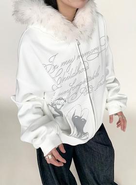 atrandom 秋冬心情日记满印文字毛领加绒卫衣女黑白连帽宽松外套
