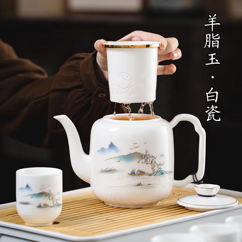 羊脂玉白瓷茶壶内胆过滤茶水分离茶具套装轻奢泡茶壶大容量800ml