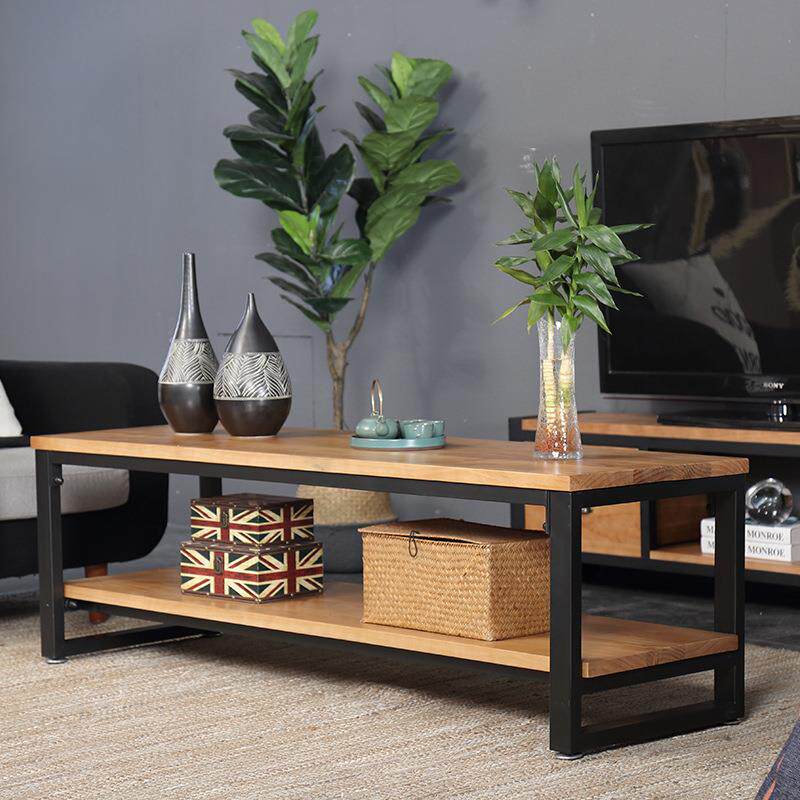 美式复古茶几双层实木家用多功能茶桌卧室落地式茶几电视柜组合