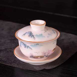 泡茶器茶杯茶海茶漏 米黄粉汝山水人家功夫茶具盖碗家用高颜值中式
