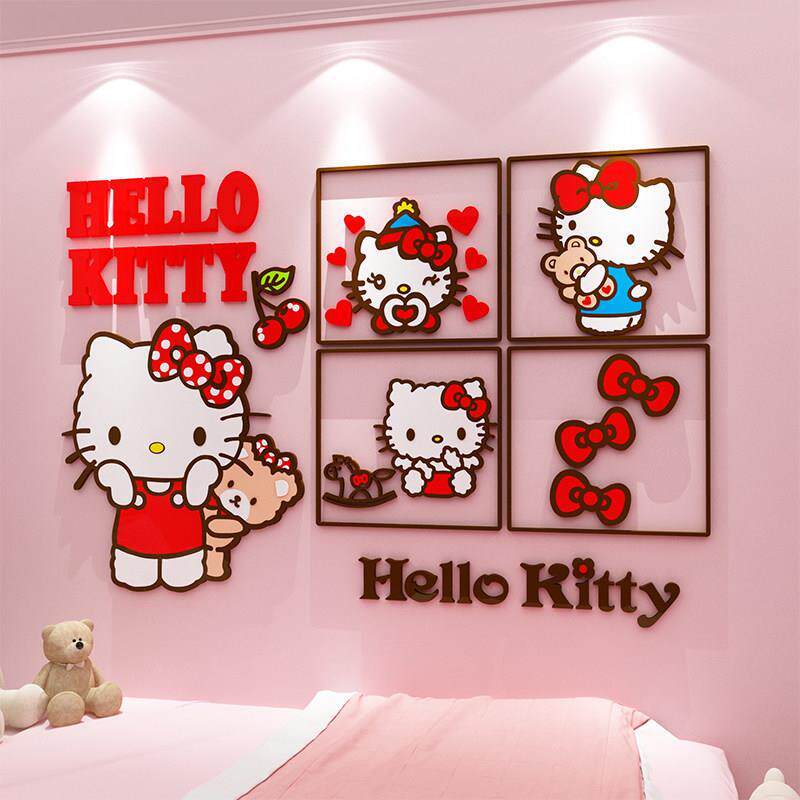 KT猫儿童房间布置公主女孩生卧室背景墙面装饰床头改造用品贴纸画