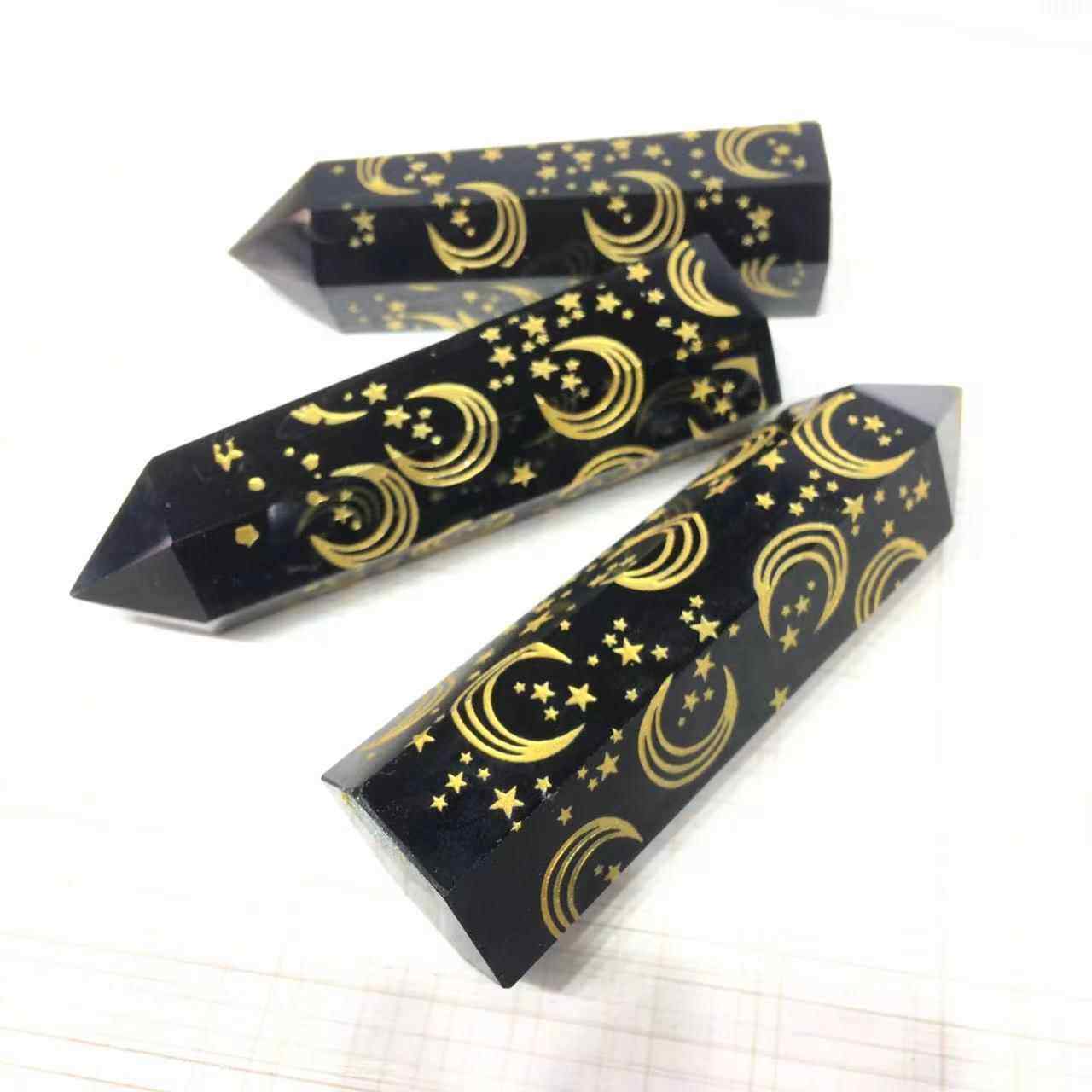 天然黑石单尖WCH六棱柱热星刻月曜雕水晶柱子销魔杖摆件