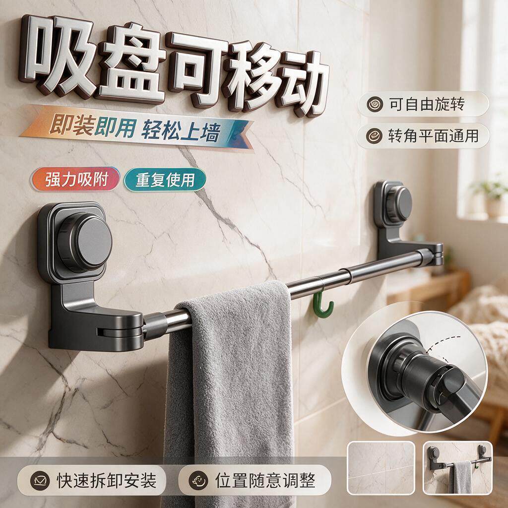 卫生间挂毛巾架吸盘挂杆免打孔置物架伸缩杆拖鞋挂架阳台浴室