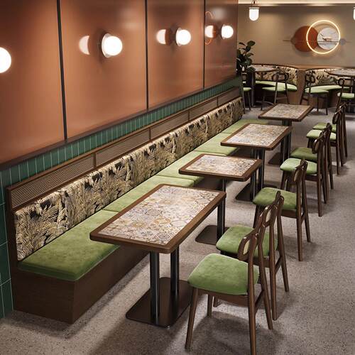 新中式风湘菜馆靠墙卡座沙发主题餐厅火锅店烤肉店岩板桌椅组合