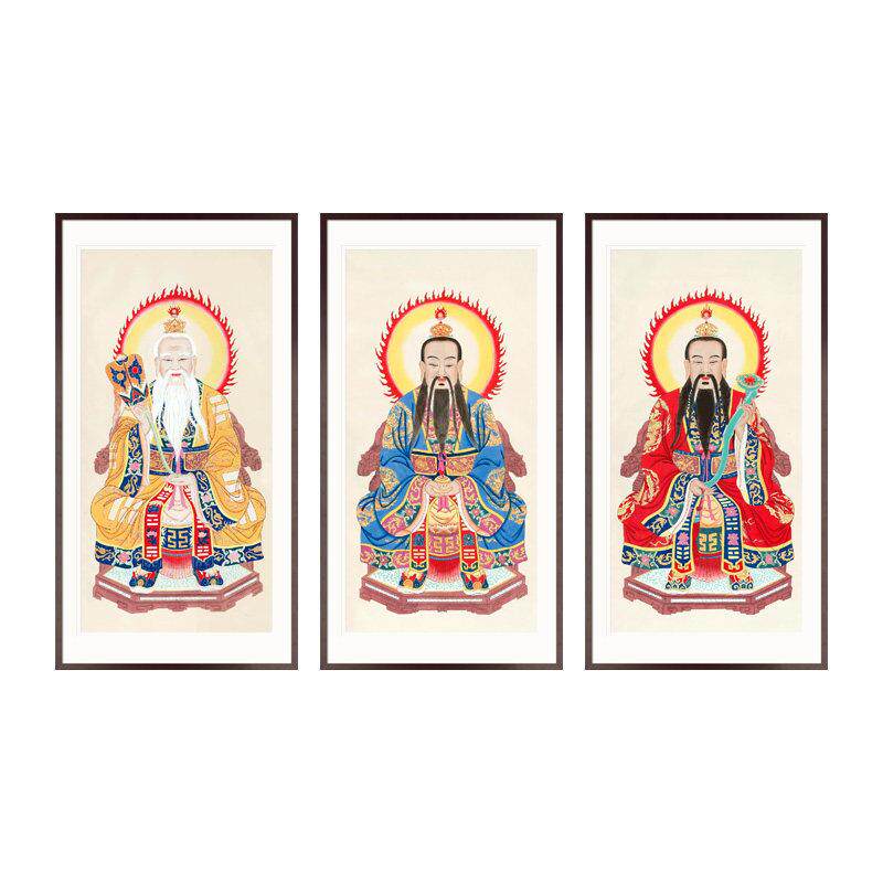 工笔人物国画三清祖师画像元始灵宝道德天尊中式卷轴画框装饰挂画