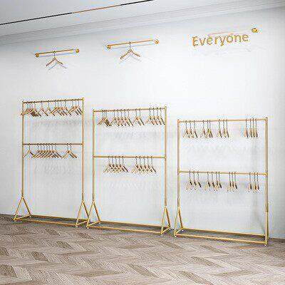 服装店金色双层展示落地架男女童装衣架可升降调节摄影楼专用挂衣