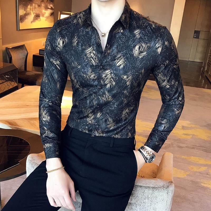 长袖花衬衫男春秋季高端潮流免烫抗皱桑蚕丝印花真丝痞帅男士衬衣