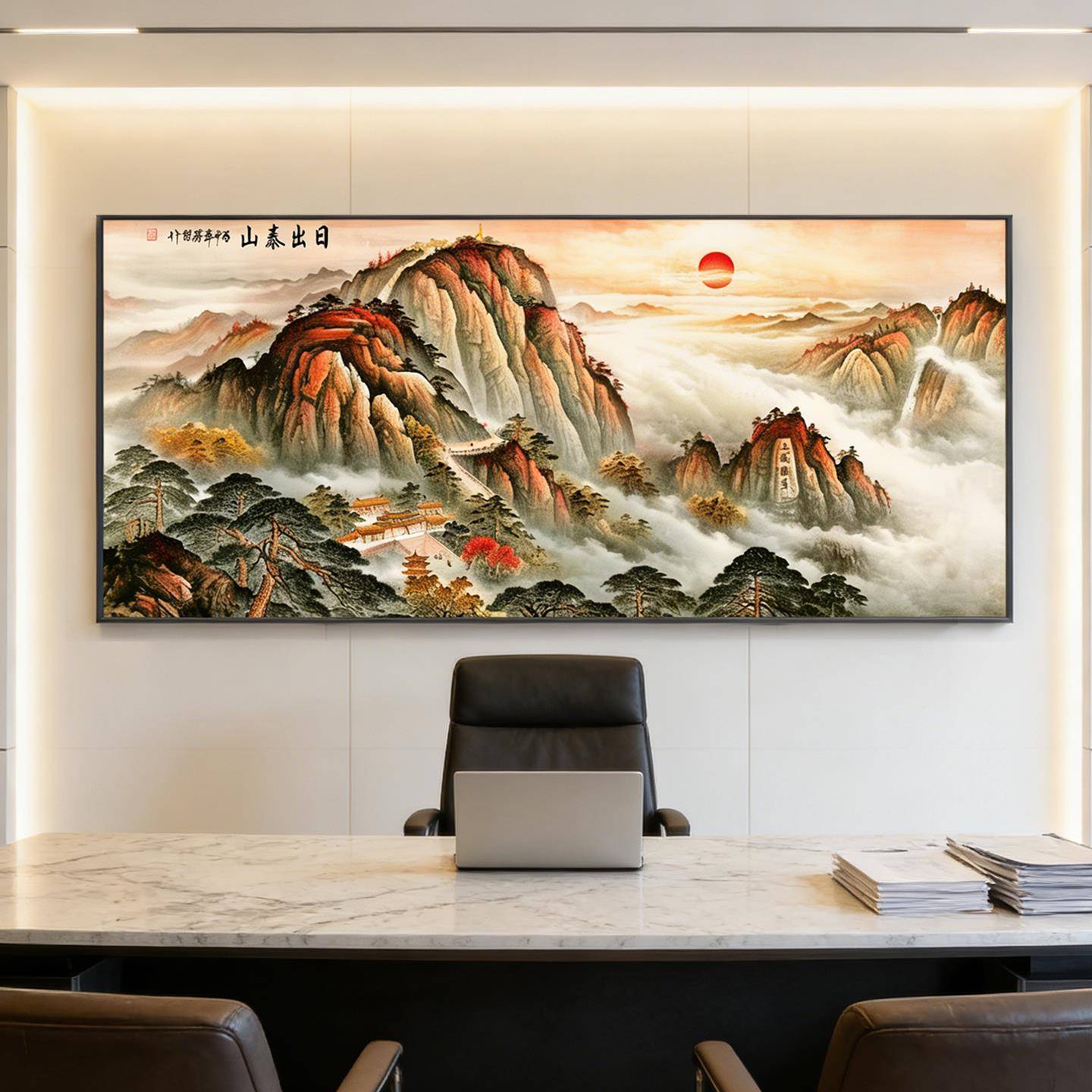 日出泰山中堂办公室挂画客厅背景墙装饰画风景字国聚宝盆山水壁画