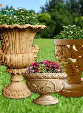 砂岩花盆厂家直销园林景观玻璃钢花钵仿石材花瓶别墅楼盘花瓶摆件