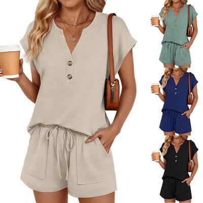 Hixiaohe Womens Henley 2 Piece Short Sets Summer 2026 Lounge