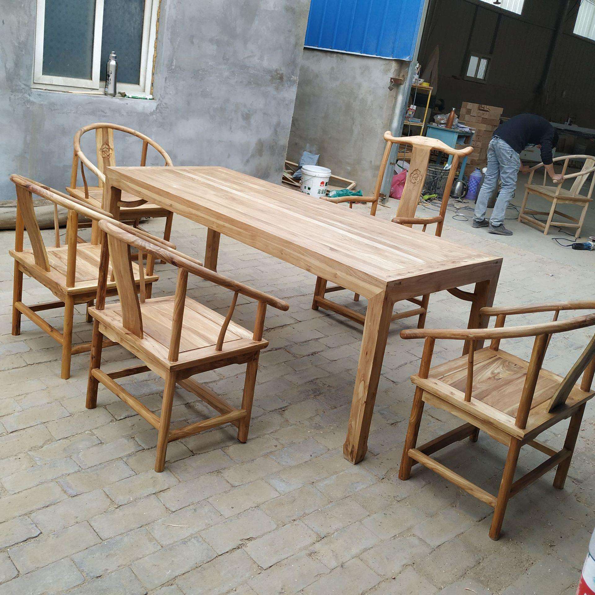 新中式茶桌椅组合功夫泡茶台榆木免漆简约客厅会客马蹄桌实木茶桌