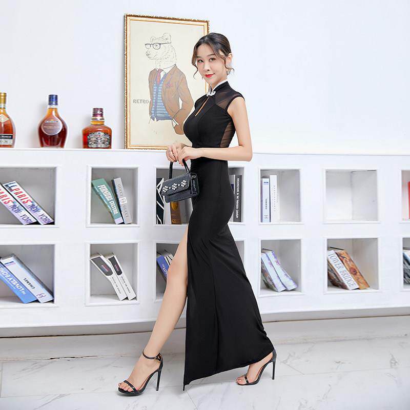 夜店女装性感连衣裙无袖水滴领优雅弹力长旗袍裙黑色2021新款裙子