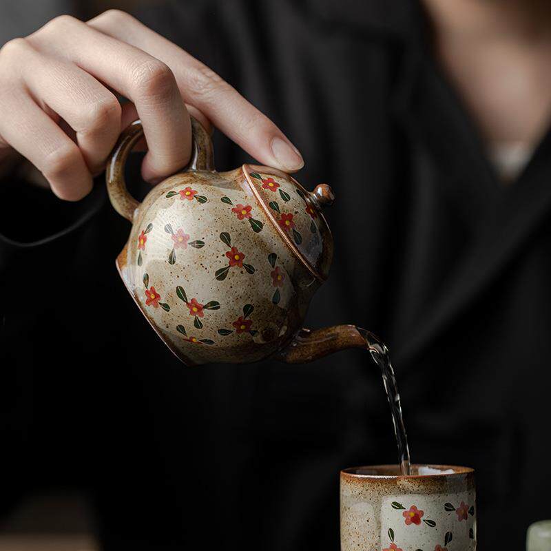 弥言日式仿烧茶壶纯手柴功工陶粗泡茶壶带过滤釉下手绘小红彩手绘