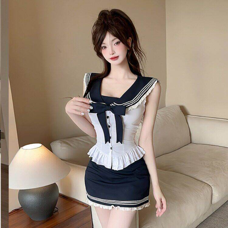 学院风蝴蝶结领带海军领衬衫上衣女夏季制服套装包臀短裙半身裙