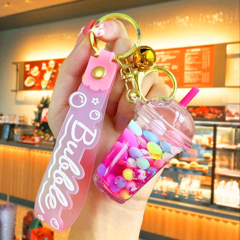 新款珍珠奶茶杯钥匙链流沙瓶漂流瓶小挂饰公仔挂件钥匙扣水晶情侣