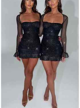 Sexy Hot Girl Dress Black Sparkly Mini Dress See-through