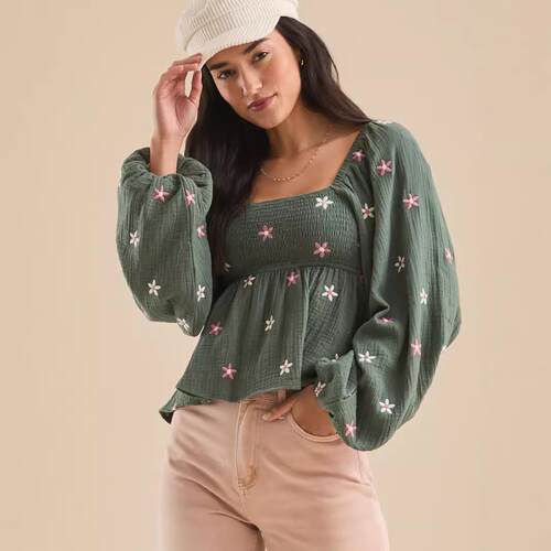Women Floral Embroidered Countryside Style Top Pleated