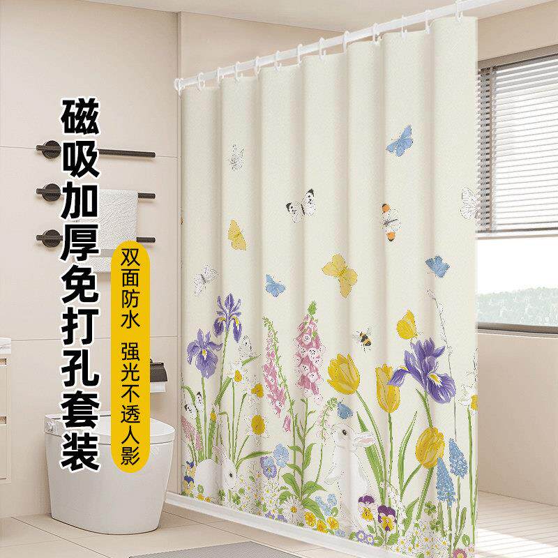 田园风浴帘防水布化妆室加厚防霉隔断挂帘子浴室淋浴帘免打孔窗帘