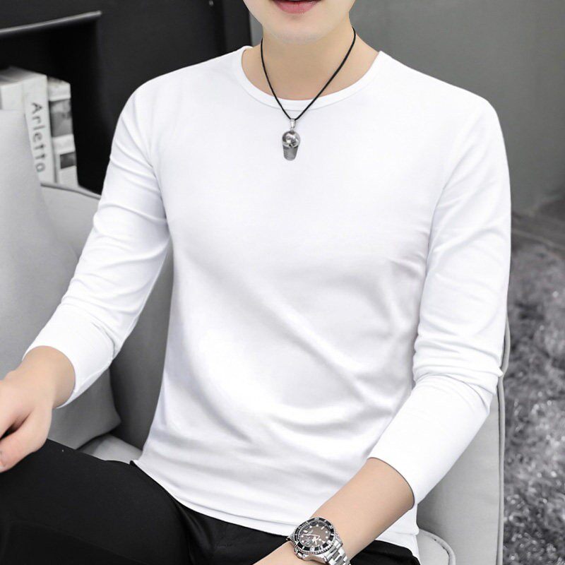 2025新款品牌白色长袖T恤男纯棉圆领修身内搭简约薄款男士打底衫