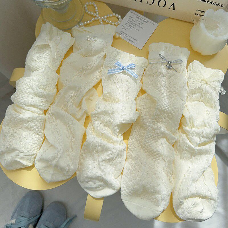 新款蝴蝶结泡泡袜子女中筒袜纯棉春夏季薄款ins潮白色芭蕾风长袜