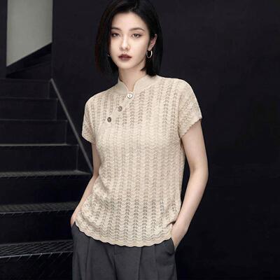 设计感时尚杏色短袖镂空t恤女夏季新款高级舒适针织衫百搭上衣