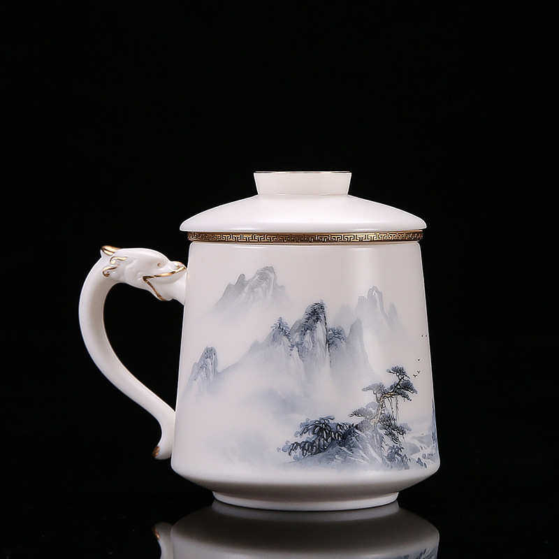 德化羊脂玉手绘白瓷茶水分离办公室泡茶杯描金带把盖过滤陶瓷水杯,餐饮具,茶杯,淘宝优惠券,粉丝福利购,淘宝优惠卷