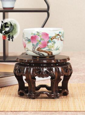 实木非洲黑檀整木镂空茶壶盆景香炉玉石摆件展示加高底座盆栽木托