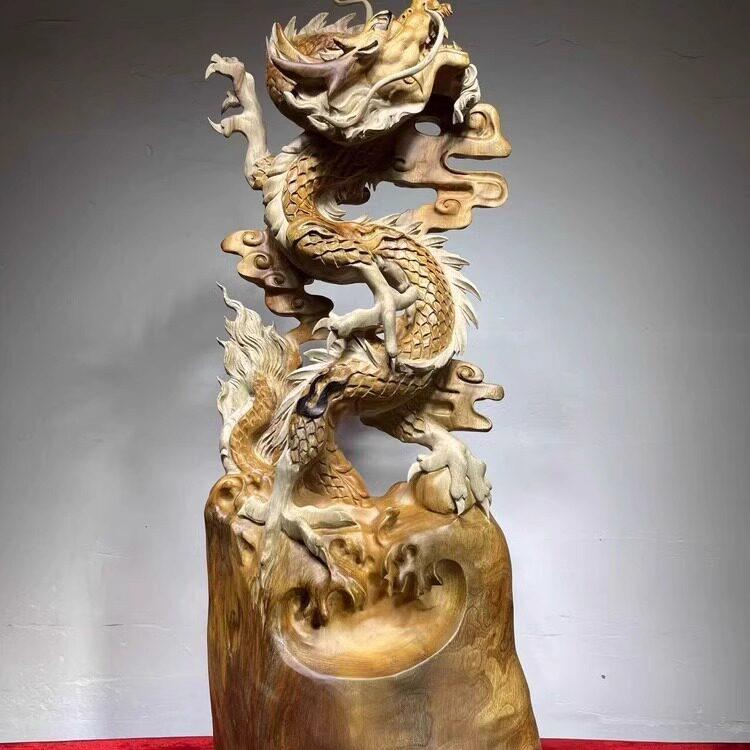 根雕木雕摆件飞龙在天祥龙盘龙香樟木送礼家居办公开业装饰工艺品
