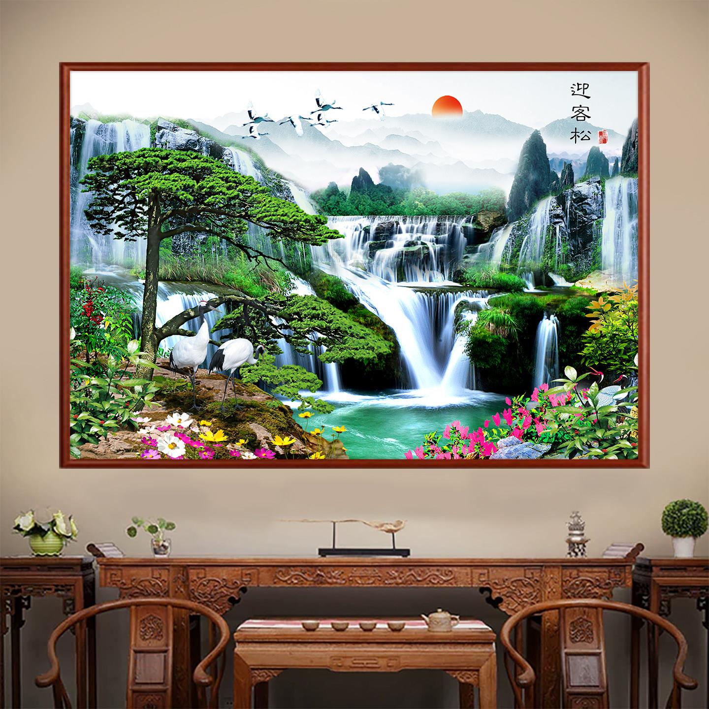 迎客松中堂装饰画 画新中式农村堂屋松鹤延年山水挂画 画风水招财
